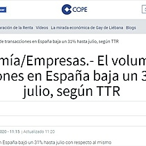 Economa/Empresas.- El volumen de transacciones en Espaa baja un 31% hasta julio, segn TTR